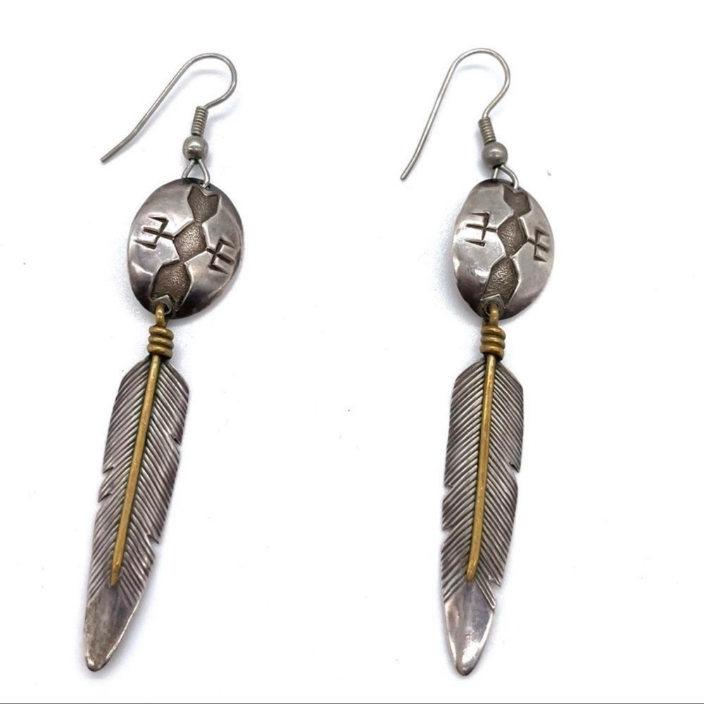 Vintage Native American Sterling 925 Silver Feather Earrings